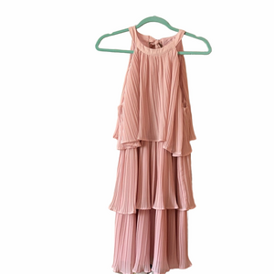 Halter neck ruffled tiered layered pale pink chiffon flowy swing dress.